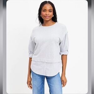 LOFT Gray and White Striped Sleeve Top